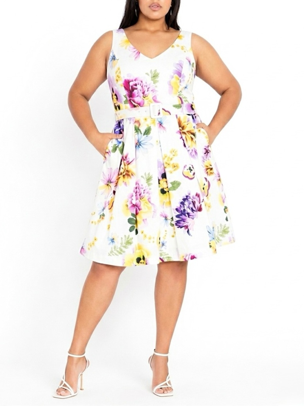 City Chic Belted Faye Dress in Ivory Floral - Size 18